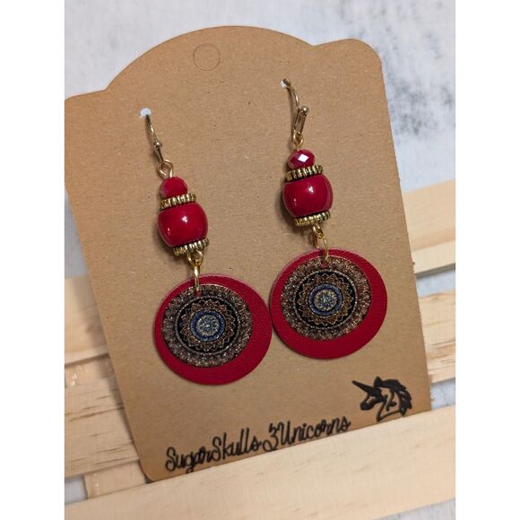 Red and Gold Statement Drop Earrings - Picture 1 of 5